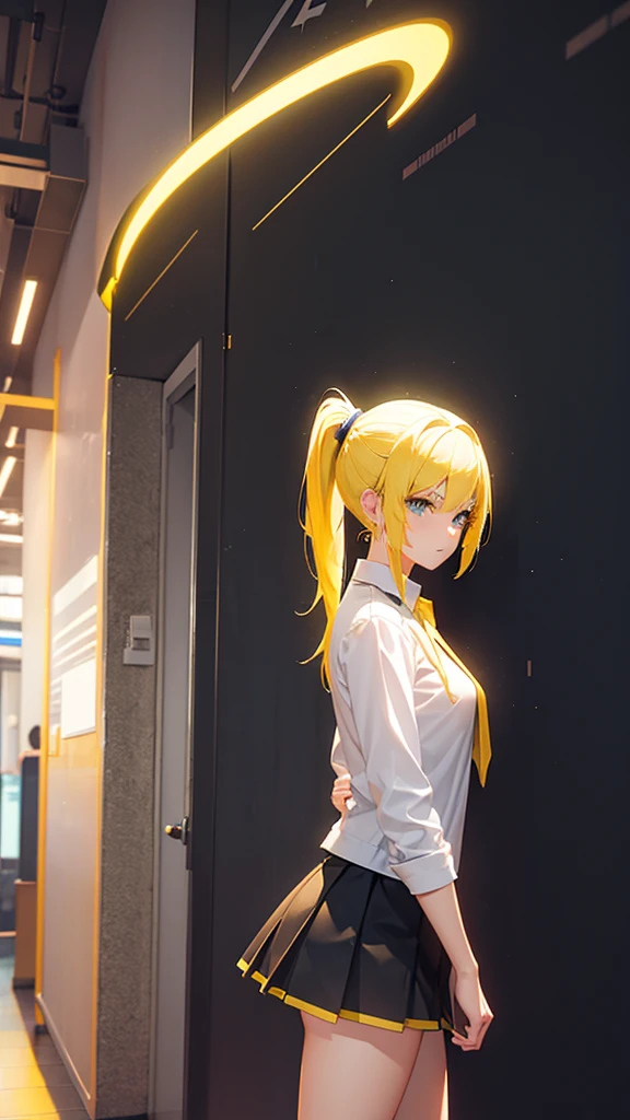 Beautiful girl in a short skirt with yellow hair in a ponytail on both sides, wallpaper. 3D