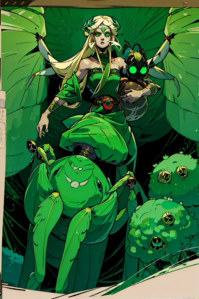 1girl, arachnid body, hairy thin long spider legs, dragonfly wings, moth antenas on head, blonde long hair, green clothes, green eyes, flat chest, hades style, hadesstyle, hades2style, hades 2 style, Arachne, Arachnea, silk weaver