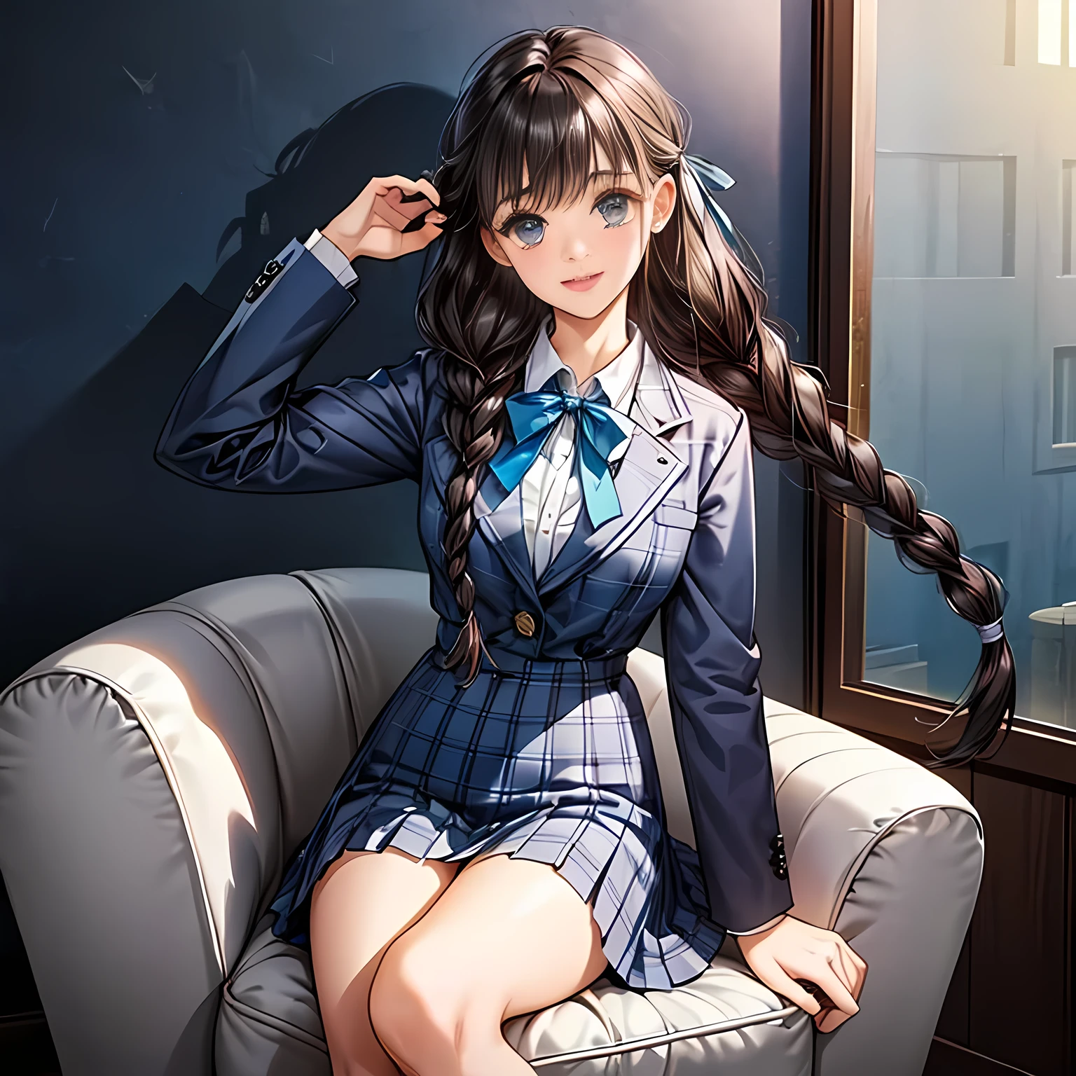 (highest quality, masterpiece:1.2), highest quality, High resolution, 1080p, 8K, Height: 158cm, ((Vivid and high-definition game CG)), ((The game heroine is a very intelligent, very noble, pretty and neat beautiful girl sitting、Turning to the side and showing her best smile)), He tries to hide his shocked mouth with his hands., A face that everyone loves, Glossy lips, Even bangs, Double, Long eyelashes on both the top and bottom, Wide-open blue eyes, detailed in detail, The very large red shiny wide ribbon bowtie is very cute., ((Black Hair)), ((long twin braids)), (((A long, neat, dark navy blue checked pleated skirt))), (((Dark blue winter long sleeve blazer))), How to wear a neat uniform, Extremely lustrous, shiny game heroine lips, Mouth open, Ribbon in hair, Tight waist, slender, The ribbon is big and very pretty., Beautiful hair like a hair model, Paint the background black, The hair is very shiny and realistic, The skirt is long and very photorealistic