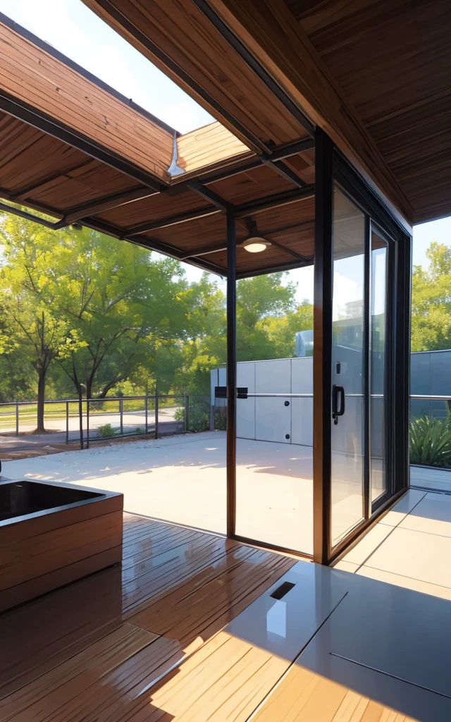 Wood details, Public bathroom of a park. Modern Building from a zoo, public bathroom with granite walls