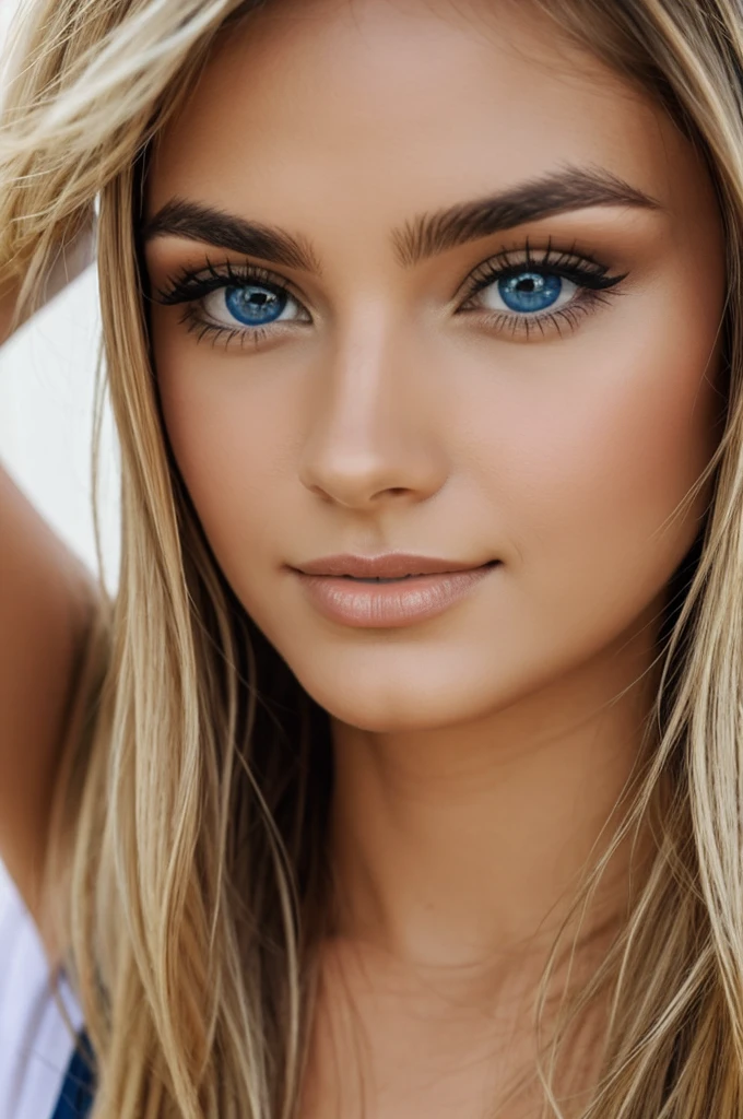 Chica rubia de ojos azules con grandes pechos denuda