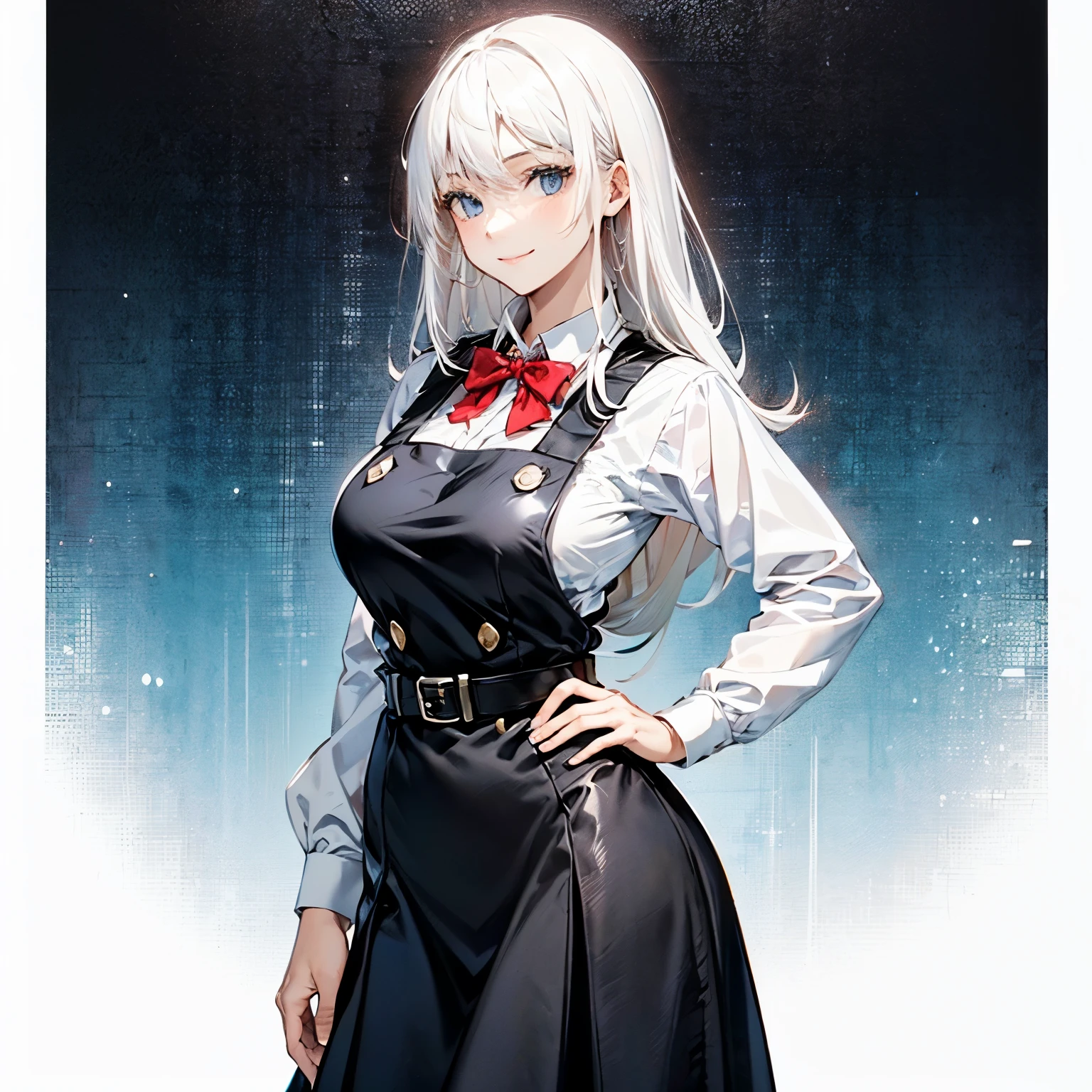 ((((solo)))), beautiful, pale skin, ((((((white hair))))), blue eyes, long hair, straight hair, elegant, hand on her hip, standing, elegant smile, big breasts, wide hips, empty background, BPD,black pinafore dress,black long skirt,red bowtie,black belt, cowboy shot