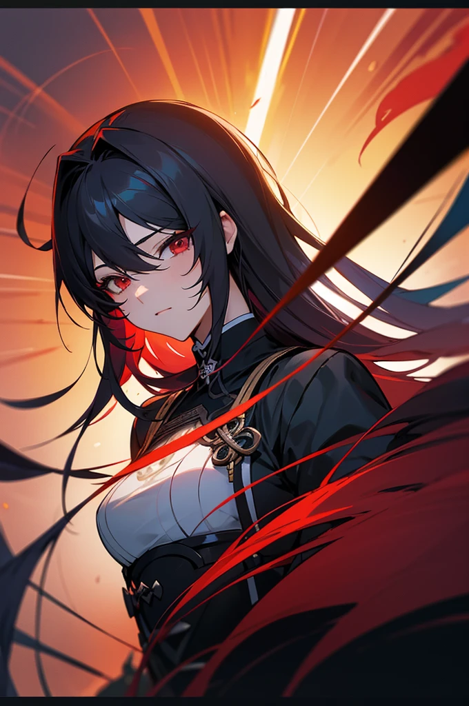 ((solo)), (woman), cherry red eyes, raven black hair, very long messy hair, vibrant red colored inner hair, beautiful, sculpted body, thick, mature body, a close up of a person with a sword in a desolate land detailed key anime art, honkai star trail character, casimir art, masamune shiro, masamune, handsome guy in demon slayer art, genshin, heise jinyao, shadowverse style, (no logos), eclipse, black powers, twilight scenery, detailed clothes, eye reflection, depth of field, cinematic lighting, ray tracing, depth of field, cinematic lighting, ray tracing, UHD, high details, best quality, highres, high quality, award winning, super detail, masterpiece, 8k, UHD, high details, best quality, highres, high quality, award winning, super detail, masterpiece, 8k
