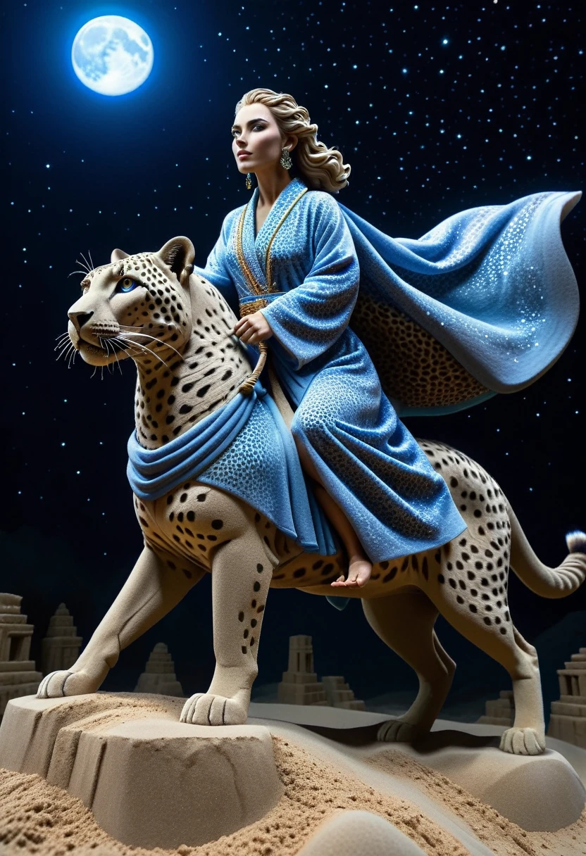 Sand sculpture style,  Ultra-clear details，Spectacular sights，A huge crystal leopard gallops towards，Beautiful girl riding on his back，Exquisite face，Wearing a colorful robe，Gallant，Leopard eyes flash mysterious blue light，The background is set under the deep starry sky，Surrounded by ancient ruins，Moonlight pours down，The beauty has a calm and brave face。