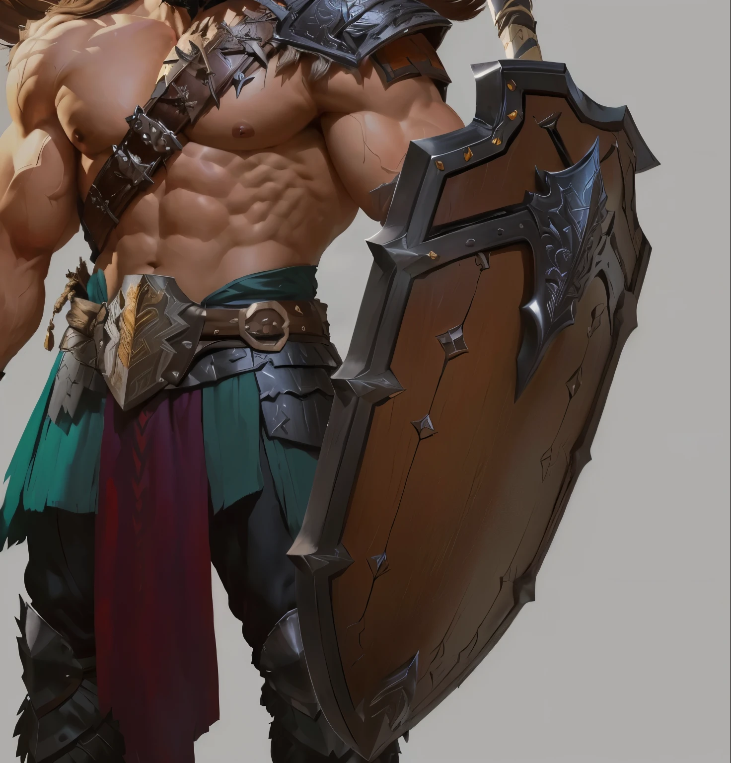 arafed male in a costume holding a shield and a shield, barbarian class, male barbarian, barbarian, barbarian warrior, concept art of a warrior, male warrior, warrior character design, heroic fantasy character concept, picture of an adult male warrior, portrait berserker barbarian, attractive beefy male with armor, character art closeup, hyperdetailed fantasy character
