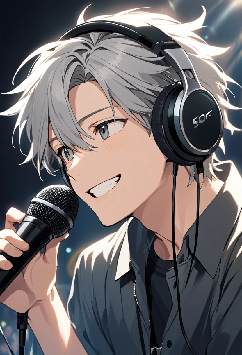 A young man with gray hair wearing headphones and speaking into a microphone. He is smiling.