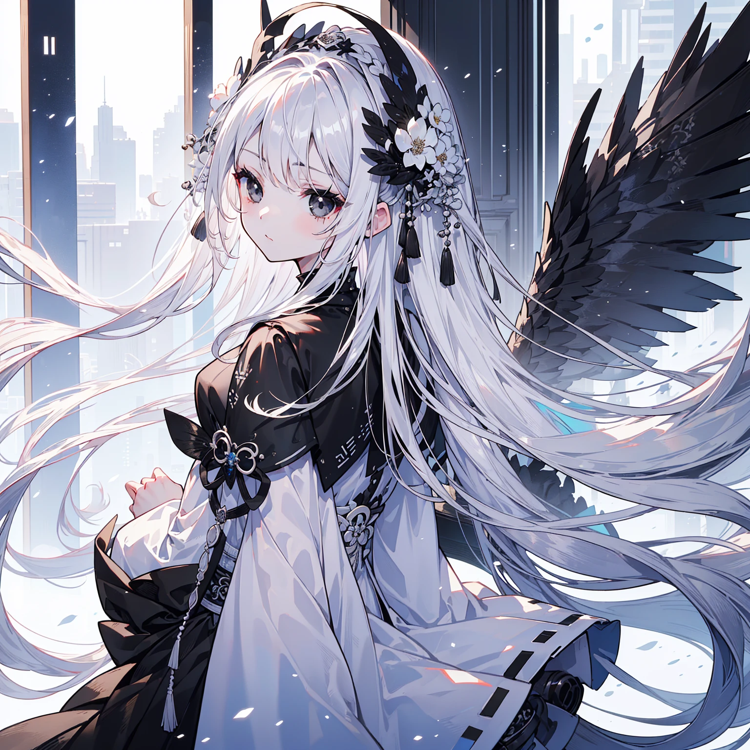 (Top image quality)、(Ultra Detailed)、(Facing forward)、top quality、masterpiece、(((1 girl)))、Silver Hair、white hair、((Long hair))、(black eyes:1.6)、(Hanfu)