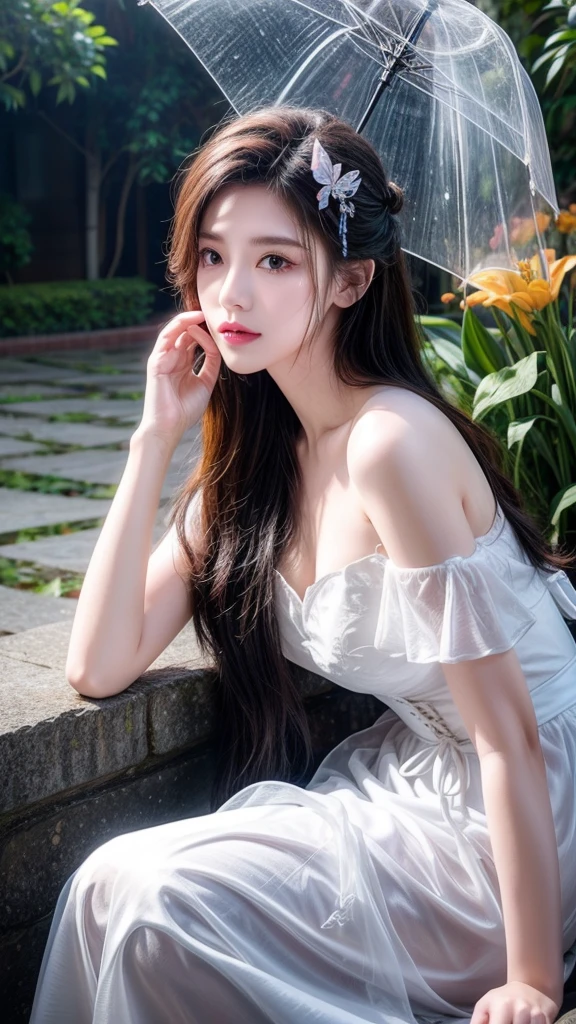 see through、Ren Hao、Show your shoulders、One hand resting on his lips、头发周围有白色Butterfly兰，Lilac dendrobium、orange lily、White Lily、1 girl in、Full body image、white hair、Floating hair、Hazy Beauty、Skin-revealing corset dress，Extremely beautiful facial features、Hairpin on head、Lying in the flowers、Drag your chin with both hands、Perfect hands、Rosette、(spring、Rainy Day、Butterfly、cliff)、 Vector Art、Chinese Contemporary Art、Soft Light、intertwined scarves、look down