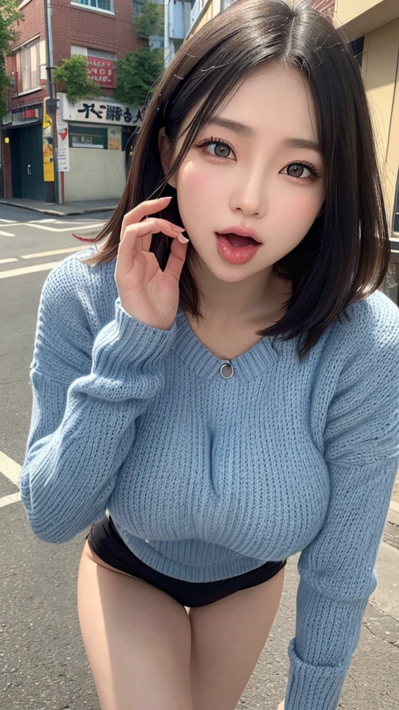 Tabletop, highest quality, Photorealistic, In detail, High resolution, 8k wallpaper, Perfect dynamic composition, Beautiful fine details, Short Hair, Random sexy poses,Fallatio、nsfw、Dick near mouth、Open your mouth、Sticking out your tongue、Tight Knitwear、Breast bulge、Laughter、Cityscape、40 years old、(Droopy Eyes 1.3)、Adult Beauty、Natural Makeup、Japanese