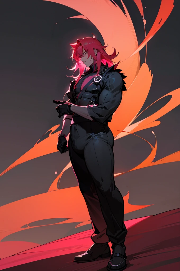 anime, (artwork, best quality, ultra-detailed, high contrast), 1 male (Alone, full body, plus size body, standing on the edge of the skyscraper, crimson hair, hazel eyes, perfect eyes ruby sparkles, (simple black qipao, black cybernetics with neon pink), transparent black socks), (skyscraper roof, overlooking a city, detailed background ((night time, Darkness, low light pollution)))