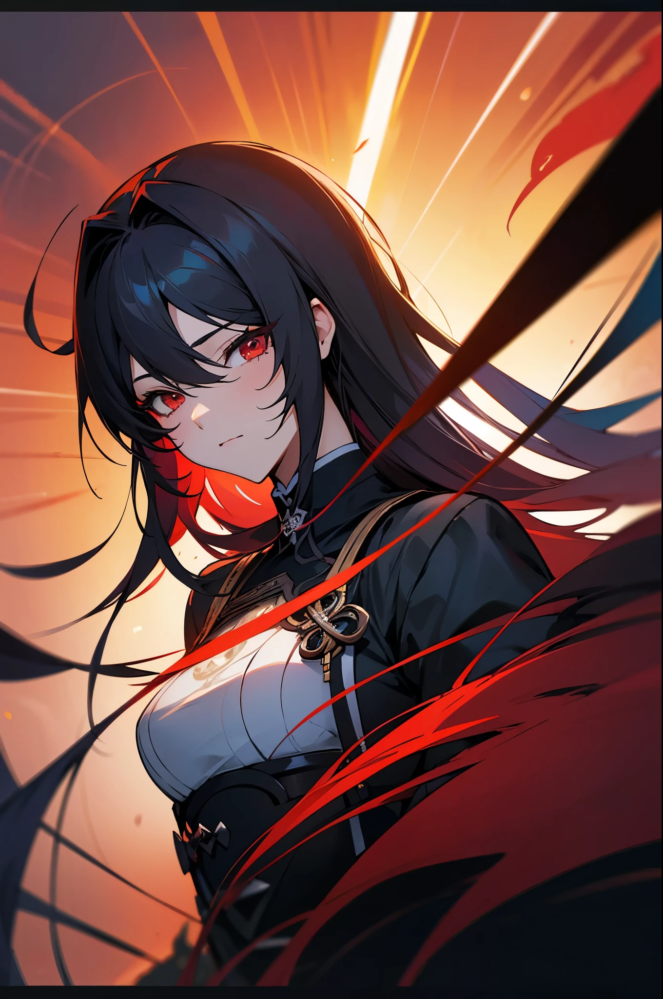 ((solo)), (woman), cherry red eyes, raven black hair, very long messy hair, vibrant red colored inner hair, beautiful, sculpted body, thick, mature body, a close up of a person with a sword in a desolate land detailed key anime art, honkai star trail character, casimir art, masamune shiro, masamune, handsome guy in demon slayer art, genshin, heise jinyao, shadowverse style, (no logos), eclipse, black powers, twilight scenery, detailed clothes, eye reflection, depth of field, cinematic lighting, ray tracing, depth of field, cinematic lighting, ray tracing, UHD, high details, best quality, highres, high quality, award winning, super detail, masterpiece, 8k, UHD, high details, best quality, highres, high quality, award winning, super detail, masterpiece, 8k
