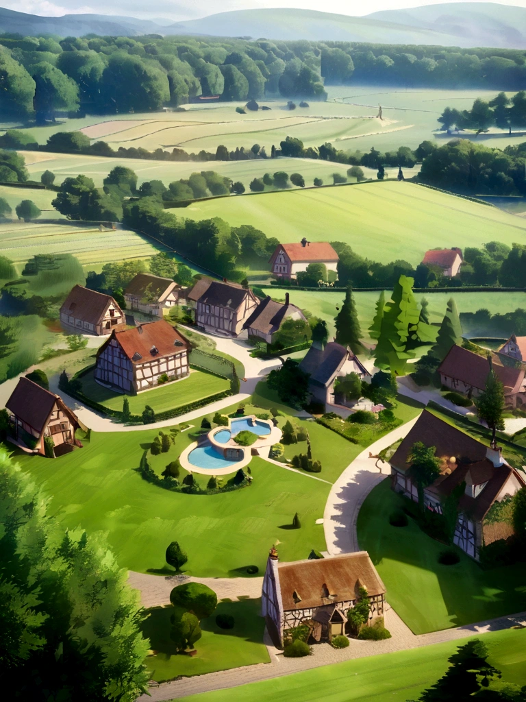 farm，Idyllic，Wheat field，Houses and trees々There are a lot of, English Village, The well-kept Garden of Eden, Beautiful English Garden, 美しいEnglish countryside, English countryside, House and gardens, Lush countryside,