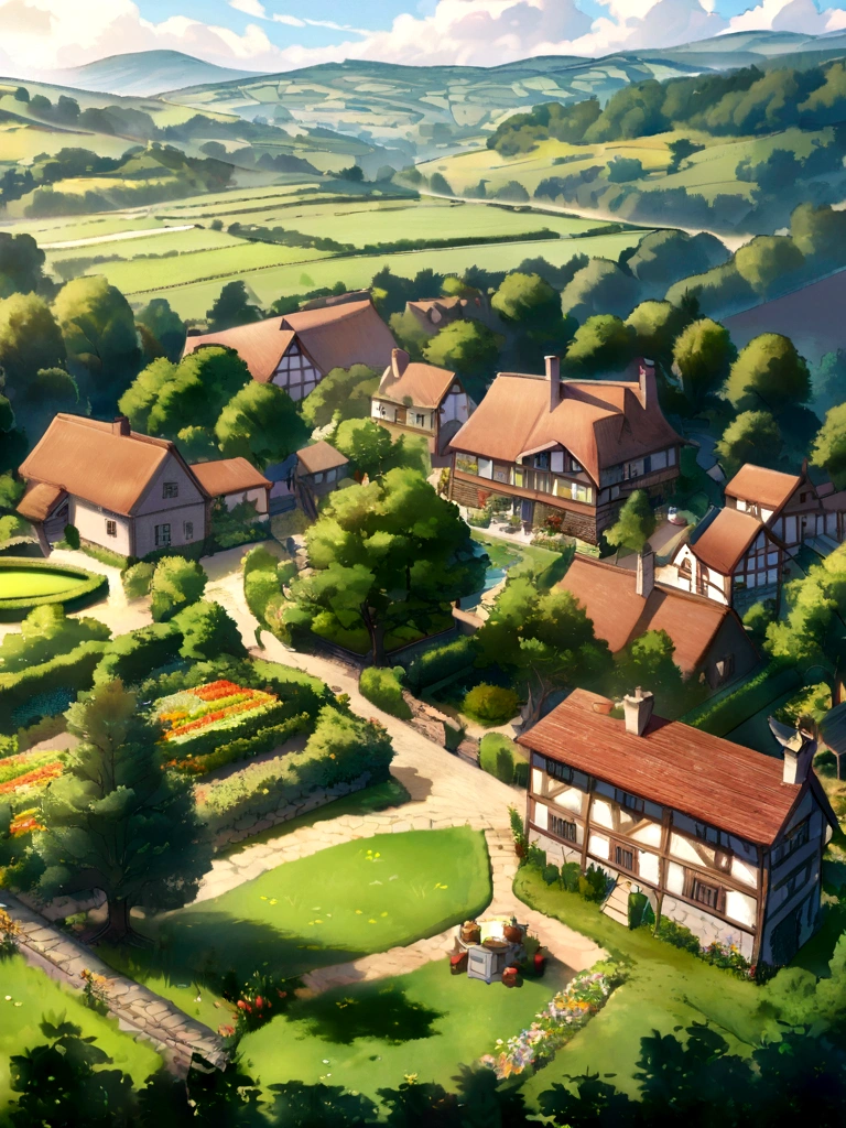 farm,Idyllic,Wheat field,Houses and trees々There are a lot of, English Village, The well-kept Garden of Eden, Beautiful English Garden, 美しいEnglish countryside, English countryside, House and gardens, Lush countryside,