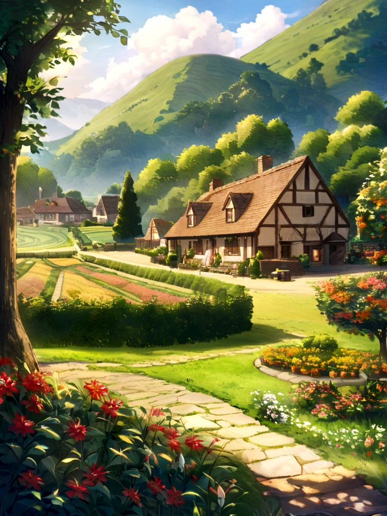 farm,Idyllic,Wheat field,Houses and trees々There are a lot of, English Village, The well-kept Garden of Eden, Beautiful English Garden, 美しいEnglish countryside, English countryside, House and gardens, Lush countryside,