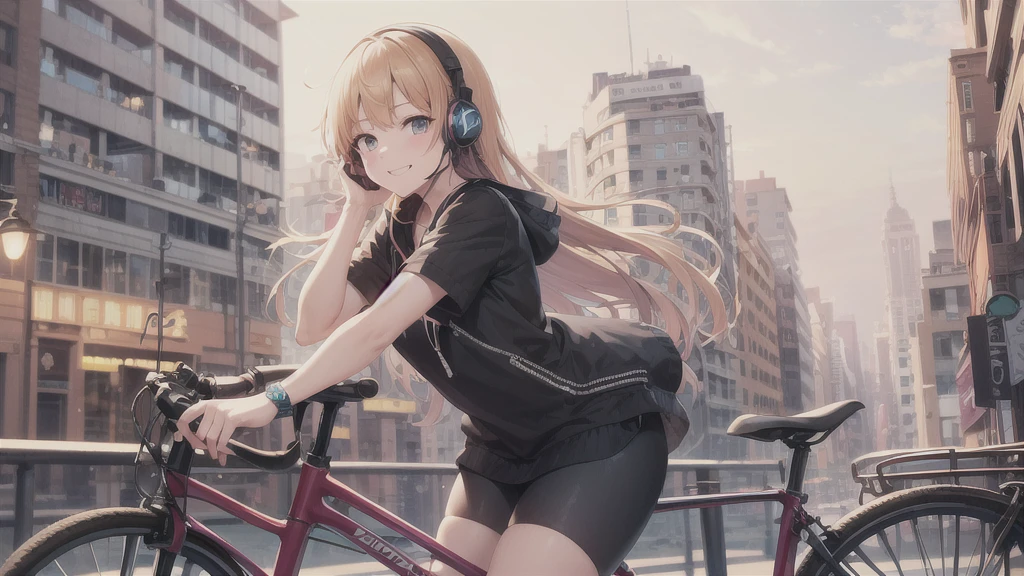 (8k, High resolution, Best Quality, Masterpiece:1.2), Lo-Fi, Relaxed girl listening to music with a headset 1, bicycle, smile, はにかんだsmile, In the city, neon