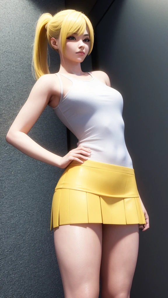 Beautiful girl in a short skirt with yellow hair in a ponytail on both sides, wallpaper. 3D