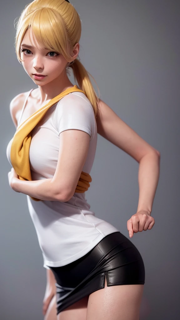 Beautiful girl in a short skirt with yellow hair in a ponytail on both sides, wallpaper. 3D