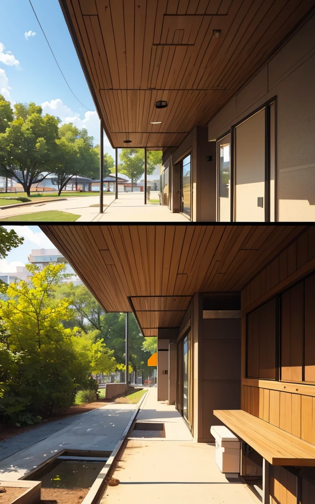 Wood details, Public bathroom of a park. Modern Building from a zoo, public bathroom with granite walls