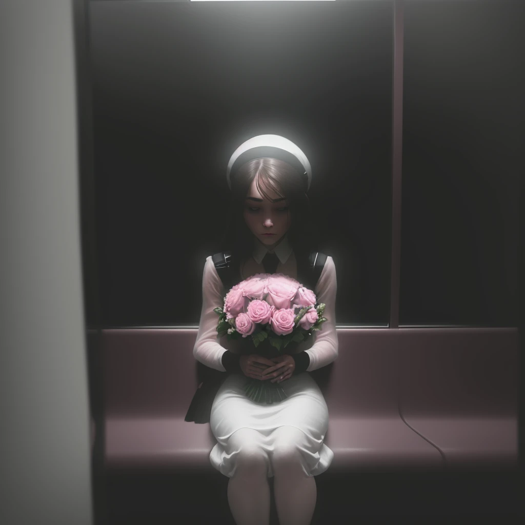Prompt:
"Reflection of a person on a subway window, holding a bouquet of pink flowers. The person is wearing a white cap and a black outfit, partially obscured by the reflection and dim lighting. The background shows a blurred, dark subway interior, giving a moody and introspective ambiance. The bouquet is wrapped in pink paper, adding a soft, delicate contrast to the otherwise dark and muted tones of the scene."
Detailed Breakdown:
Setting: Subway window with reflection, dark interior.
Subject: Person holding a bouquet, wearing a white cap and black outfit.
Lighting: Dim, moody, emphasizing the reflective surface.
Colors: Dark tones with a pop of pink from the flowers.
Mood: Introspective, calm, and somewhat melancholic.
Use these details to guide the stable diffusion model in creating an image with a similar vibe and composition.Sitting