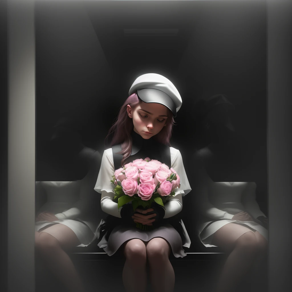 Prompt:
"Reflection of a person on a subway window, holding a bouquet of pink flowers. The person is wearing a white cap and a black outfit, partially obscured by the reflection and dim lighting. The background shows a blurred, dark subway interior, giving a moody and introspective ambiance. The bouquet is wrapped in pink paper, adding a soft, delicate contrast to the otherwise dark and muted tones of the scene."
Detailed Breakdown:
Setting: Subway window with reflection, dark interior.
Subject: Person holding a bouquet, wearing a white cap and black outfit.
Lighting: Dim, moody, emphasizing the reflective surface.
Colors: Dark tones with a pop of pink from the flowers.
Mood: Introspective, calm, and somewhat melancholic.
Use these details to guide the stable diffusion model in creating an image with a similar vibe and composition.Sitting