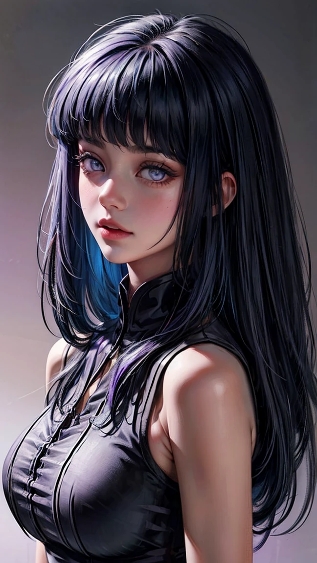 1girl, close up of face, adult, Hinata Hyuga, the last, shy girl, long black hair, blunt bangs, dark hair, Voluminous hair, lavender eyes, no pupils, Lavender Sleeveless Blouse, big breasts, slim waist, masterpiece, best quality, Professional, realistic.