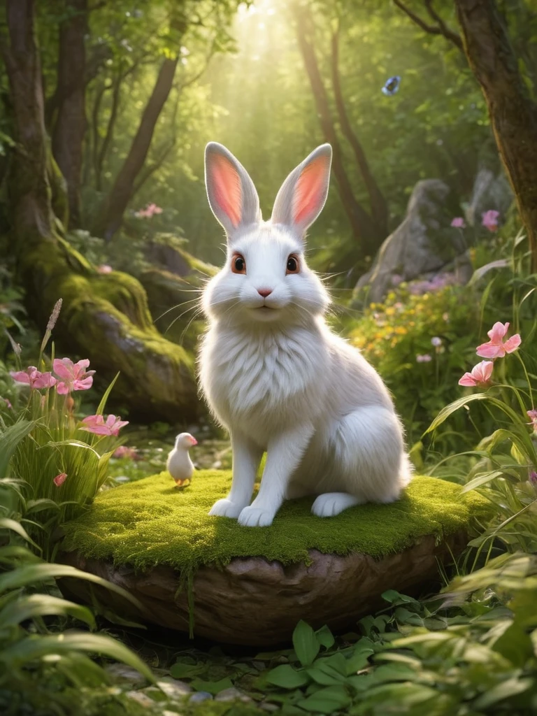 A high-resolution image featuring a realistic (white rabbit and) a (red fox) in a cheerful and happy setting. The rabbit, with soft white fur and pink-tinted ears, stands upright, its eyes bright and expressive. The fox, with a lush red coat and a bushy tail, sits nearby, displaying a playful demeanor. The scene is set in a softly lit forest clearing, with golden sunlight filtering through the trees, creating shimmering highlights and emphasizing the animals’ fur. The background is detailed with vibrant green foliage, scattered wildflowers, and additional elements like fallen leaves, soft grass, and small bushes, adding richness and natural beauty. A small wooden bridge or moss-covered rock could be included to enhance the scene’s charm. The overall mood is one of natural joy and tranquility, with butterflies fluttering around and small birds hopping nearby. The design style is reminiscent of a fairytale, with harmonious and beautiful natural elements. The high-detail depiction of the animals’ fur and the sharp, realistic presentation of the grass, leaves, and wildflowers create a vivid and lifelike atmosphere.