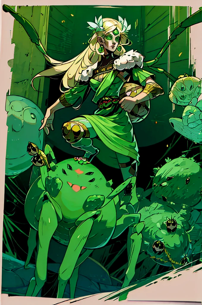 1girl, arachnid body, spider abdomen, hairy thin long spider legs, dragonfly wings, moth antenas on head, blonde long hair, green clothes, green eyes, flat chest, hades style, hadesstyle, hades2style, hades 2 style