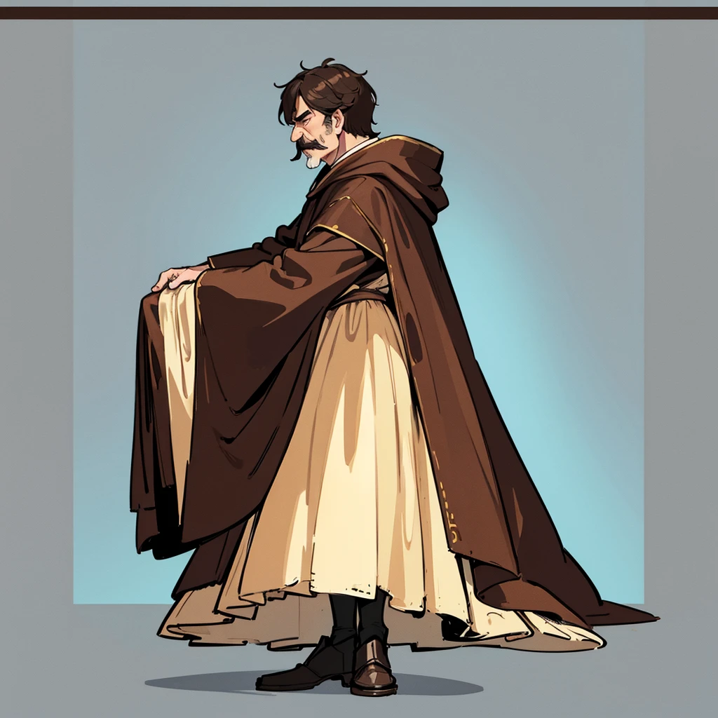 (Full body character concept、detailed)、((((Solo))))、highest quality, Best Quality,Best illustrations、middle ages、(((Simple brown robe)))、(40-year-old uncle、Kaiser moustache)、(From the side)