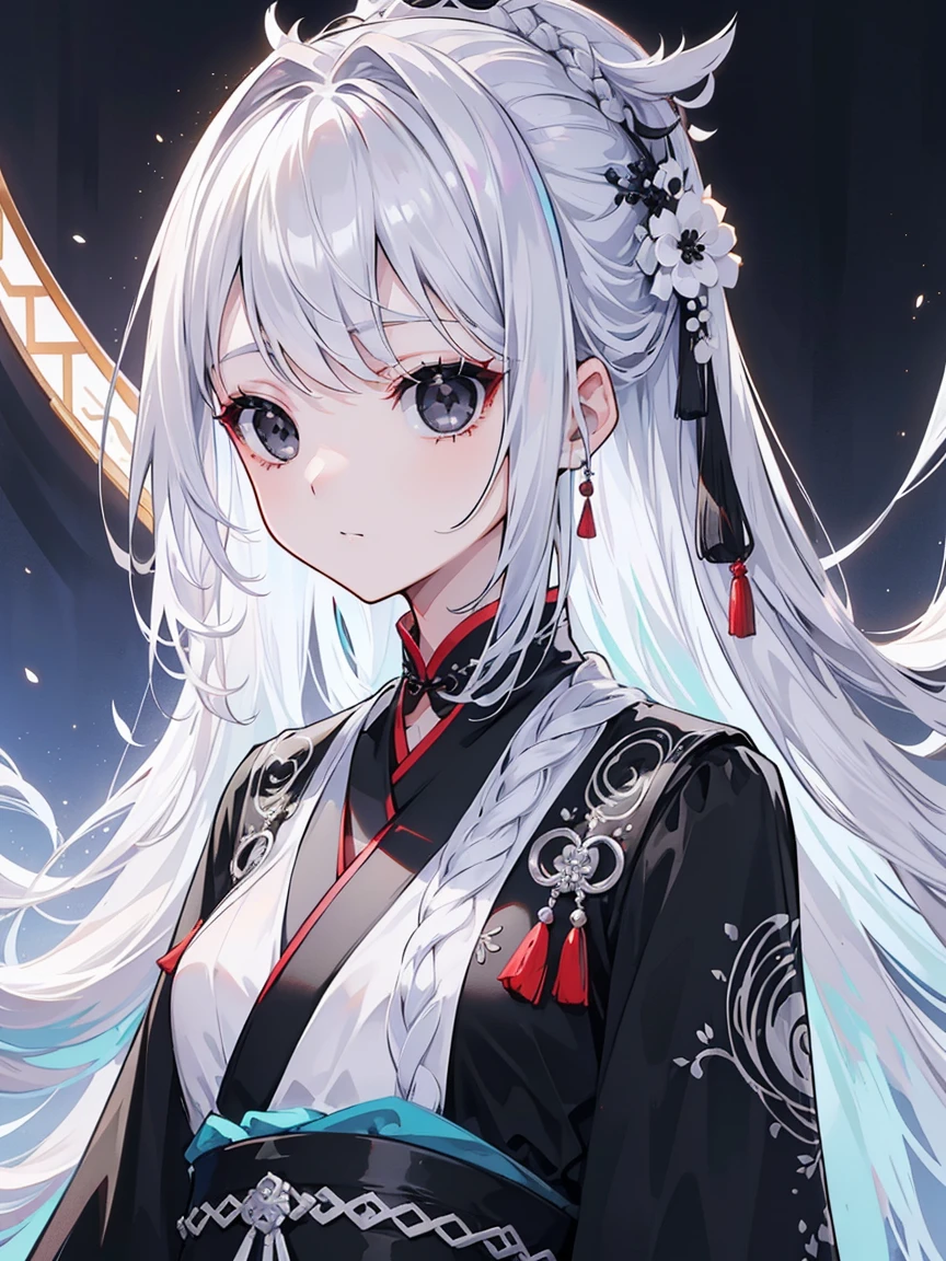 (Top image quality)、(Ultra Detailed)、(Facing forward)、top quality、masterpiece、(((1 girl)))、Silver Hair、white hair、((Long hair))、(black eyes:1.6)、(Hanfu)