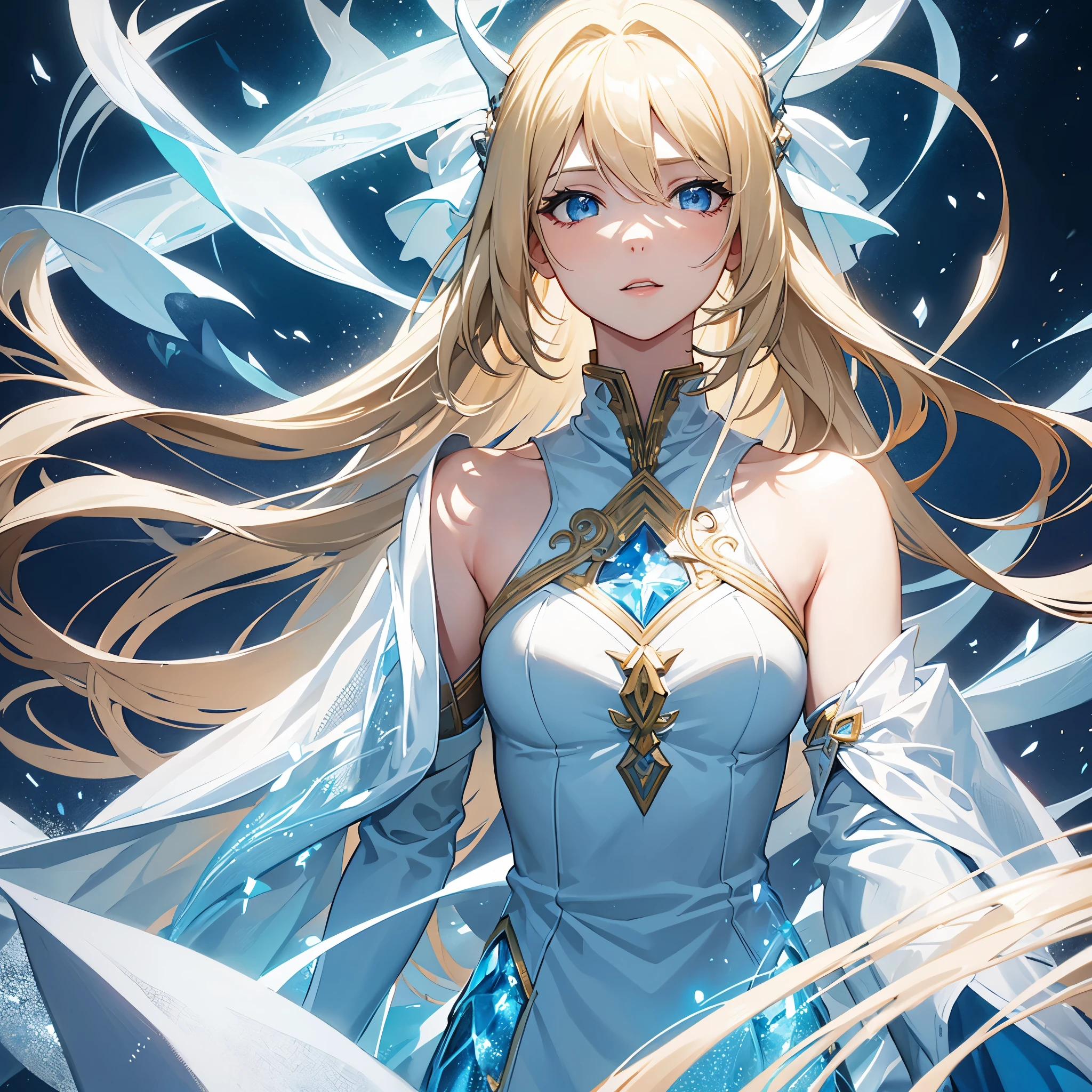woman, solo, long hair, blonde hair, blue eyes, beautiful, half body, fantasy, ice. Sexy. fantasy wallpaper. White clothes.
