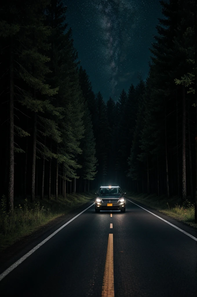 A dark, isolated highway surrounded by dense forest, with a car's headlights cutting through the darkness.