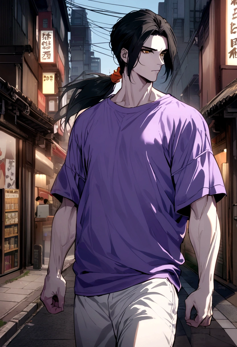 muscular 25 year old man with pale skin, Long black hair, pony tail, and golden eyes like a woman, Wearing white pants, Matte purple oversize t-shirt, japan street background