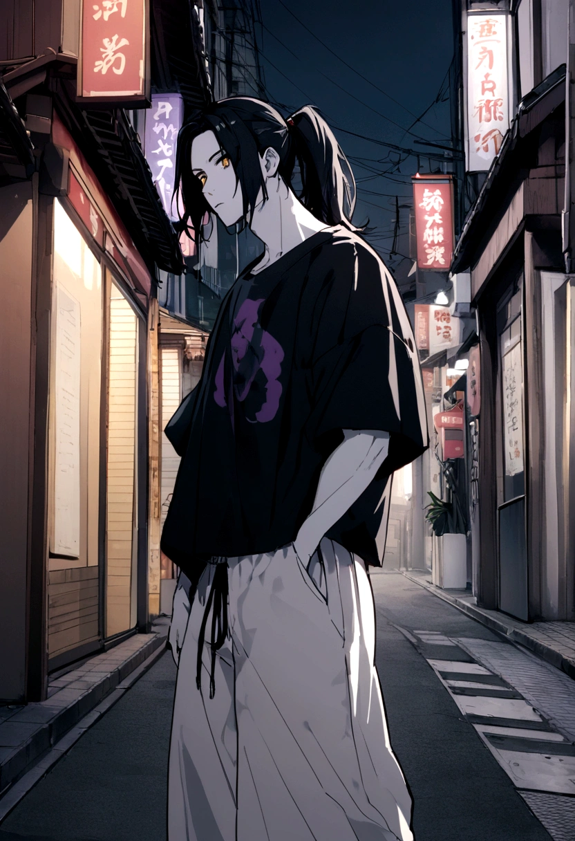 muscular 25 year old man with pale skin, Long black hair, pony tail, and golden eyes like a woman, Wearing white pants, Matte purple oversize t-shirt, japan street background