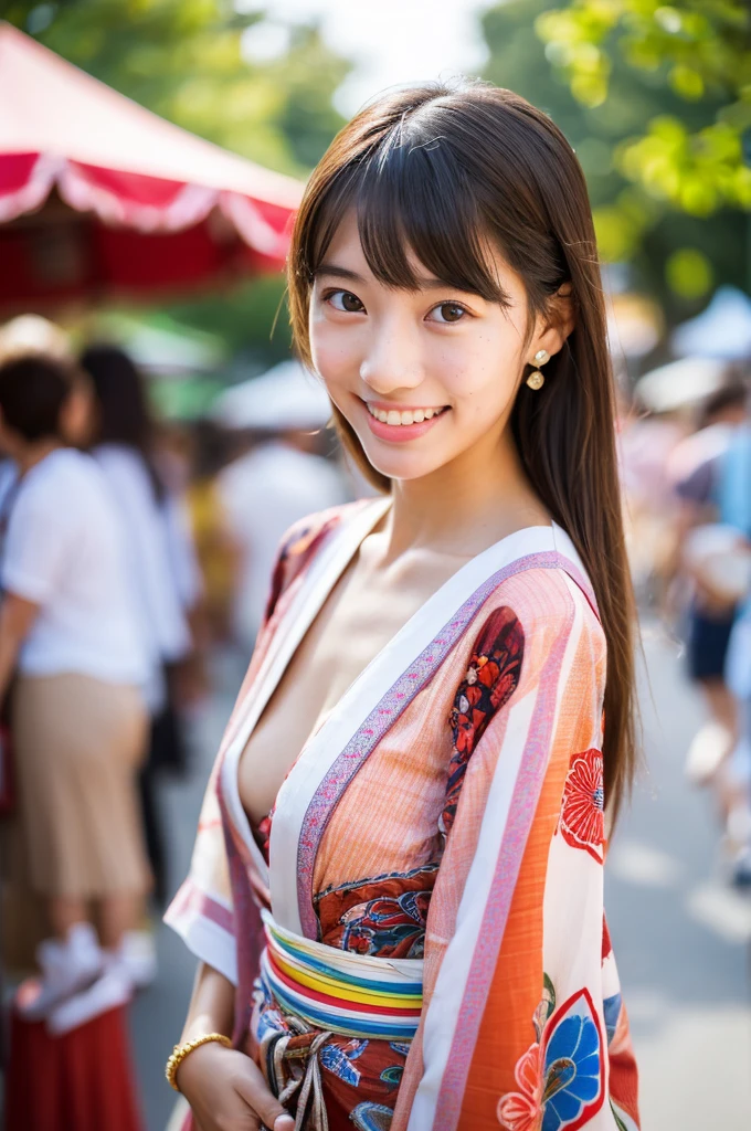 Yukata, traditional Japanese summer kimono, summer festival night stall, first year high school student, ((full body)), ((photo)), ((best qualtiy, 8K, tmasterpiece:1.3)), Focus:1.2, perfect figure beautiful girl:1.4, 1girl, cowboy shot, look at viewer, incredibly absurd, beautiful and cute girl with a photorealistic face, showcasing top-quality craftsmanship, A Japanese girl walking around looking at the food stalls at a summer festival on a night, 15 years old, straight hair that reaches about 10cm below her shoulders, light brown hair color, shiny hair, bangs cut straight above her eyes, hair tucked behind her ears, soft round face, large almond-shaped eyes, light brown eye color, long eyelashes, thin and neat eyebrows, small nose with a straight bridge, cherry-colored lips, bright smile, white teeth, smooth skin, fair skin, light pigmentation, freckles, average height, lithe figure, well-balanced proportions, small A-cup breasts, white and pink pastel-colored yukata, bracelet with charms, diamond stud earrings, beautiful girl, pure, moe, cheerful, curious, friendly, polite, responsible, likes festivals and events, August