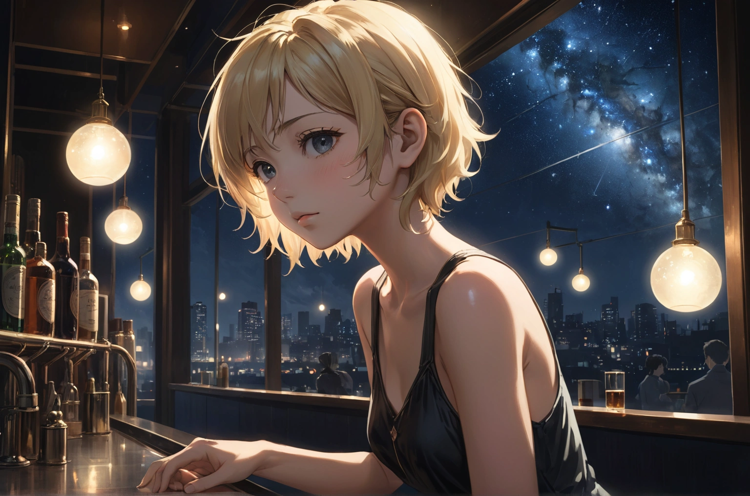 Uses Makoto Shinkai'The portrayal is perfect,Portrait of Shishido Kafka,8k 4k masterpiece photo ,Tokyo,Glass ceiling jazz bar,I can see the twinkling stars through the glass window.,that'Outside the dark night,Jazz is playing,Profile close-up,Beautiful profile,Blonde long hair,Look in a different direction,Standing alone at the counter,Shiny tank top dress,Large bust,A different store than before,The hands are detailed,Five fingers of the hand