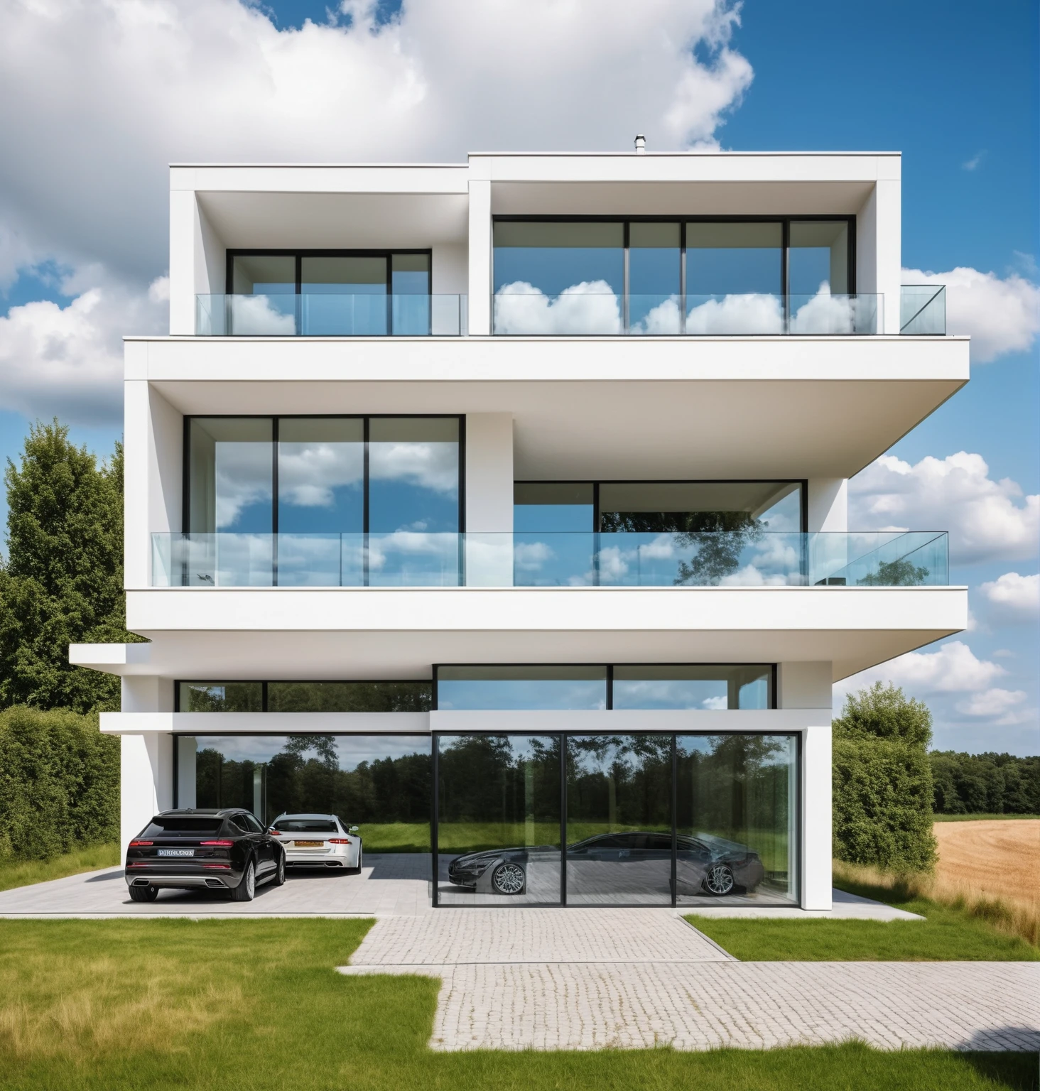 Raw photo, Masterpiece, high quality, best quality, authentic, super detail,
outdoors, house style modern,bietthuHN, white wall, glass windows, canopy,car
road, grass, trees, sky, cloud, daylight:2.2), vivid colors, (realistic:2.3),