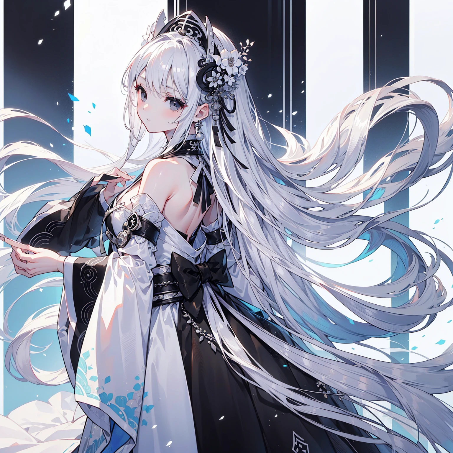 (Top image quality)、(Ultra Detailed)、(Facing forward)、top quality、masterpiece、(((1 girl)))、Silver Hair、white hair、((Long hair))、(black eyes:1.6)、(Hanfu)