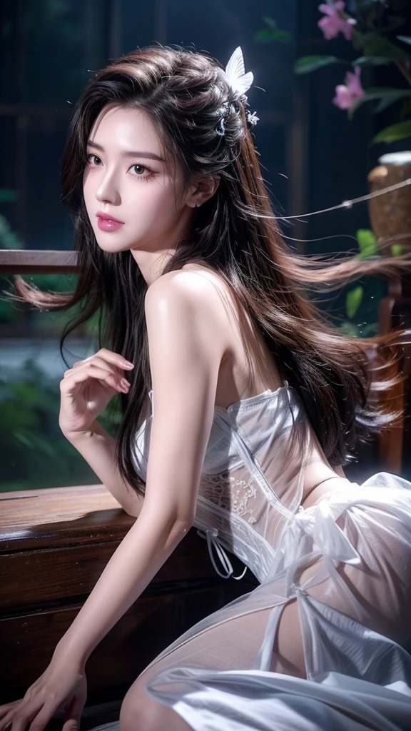 see through、Ren Hao、Show your shoulders、One hand resting on his lips、头发周围有白色Butterfly兰，Lilac dendrobium、orange lily、White Lily、1 girl in、Full body image、white hair、Floating hair、Hazy Beauty、Skin-revealing corset dress，Extremely beautiful facial features、Hairpin on head、Lying in the flowers、Drag your chin with both hands、Perfect hands、Rosette、(spring、Rainy Day、Butterfly、cliff)、 Vector Art、Chinese Contemporary Art、Soft Light、intertwined scarves、look down