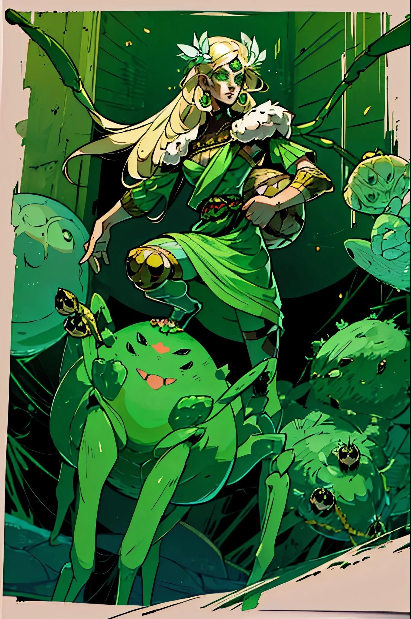 1girl, arachnid body, spider abdomen, hairy thin long spider legs, dragonfly wings, moth antenas on head, blonde long hair, green clothes, green eyes, flat chest, hades style, hadesstyle, hades2style, hades 2 style