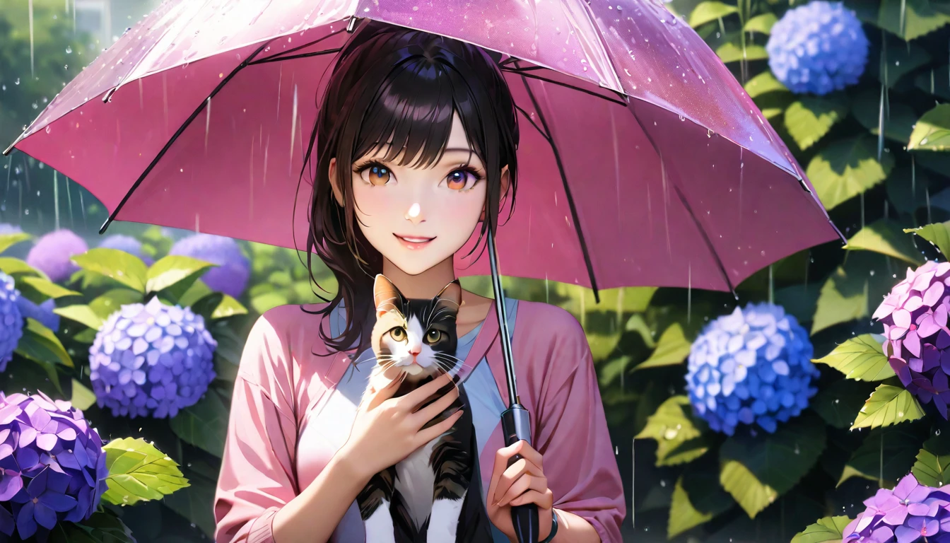 rain,Hydrangea Park, Cute casual clothes, Holding an umbrella,Holding a cat,Blur the background,High school girls,ponytail,smile,Glitter effect,highest quality, 4K, 8k, High resolution, masterpiece:1.2, Very detailed, Realistic:1.37, High resolution, 超High resolution, Ultra-fine painting, Sharp focus, Physically Based Rendering, Very detailedな説明, Professional, Vibrant colors