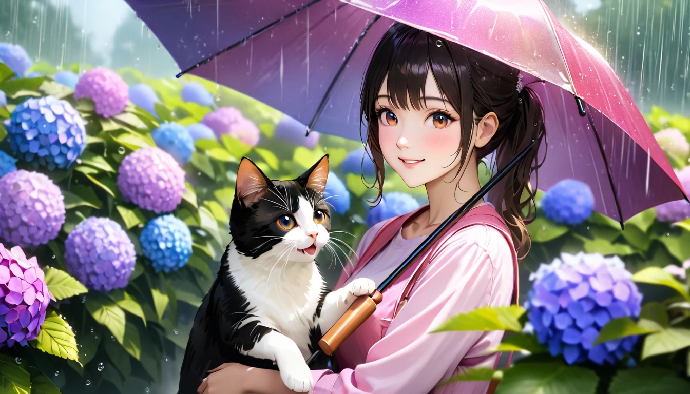 rain,Hydrangea Park, Cute casual clothes, Holding an umbrella,Holding a cat,Blur the background,High school girls,ponytail,smile,Glitter effect,highest quality, 4K, 8k, High resolution, masterpiece:1.2, Very detailed, Realistic:1.37, High resolution, 超High resolution, Ultra-fine painting, Sharp focus, Physically Based Rendering, Very detailedな説明, Professional, Vibrant colors