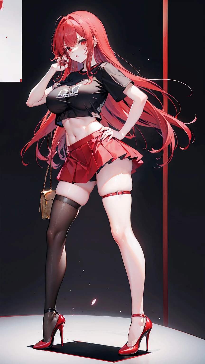best quality, masterpiece, (large breasts:1.2), long red hair, black thighhighs, (micro skirt:1.1), (full body:1.4), midnight, perfect anatomy, no bra, t-shirt, (high heels like sneakers:1.4),