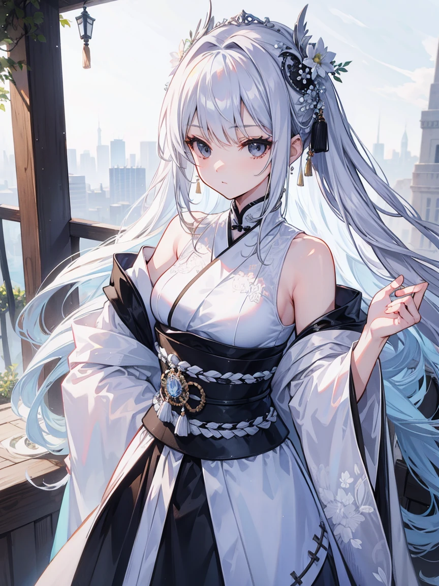 (Top image quality)、(Ultra Detailed)、(Facing forward)、top quality、masterpiece、(((1 girl)))、Silver Hair、white hair、((Long hair))、(black eyes:1.6)、(Hanfu)