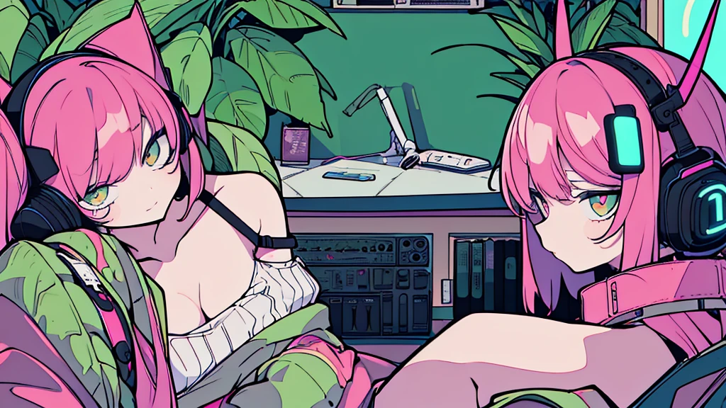 Best quality, (masterpiece:1.2), best detail face,1 girl, big breasts, 18 yo, 8k,absurdres,unity 8k wall paper,(extremely detailed:1.3), highest realistic, (retro headphones:1.1), (soft neon light:1.1), Her room full of music equipment and plants, Leaning back on the chair with a casual attitude, Light clothing in summer, natural color palette