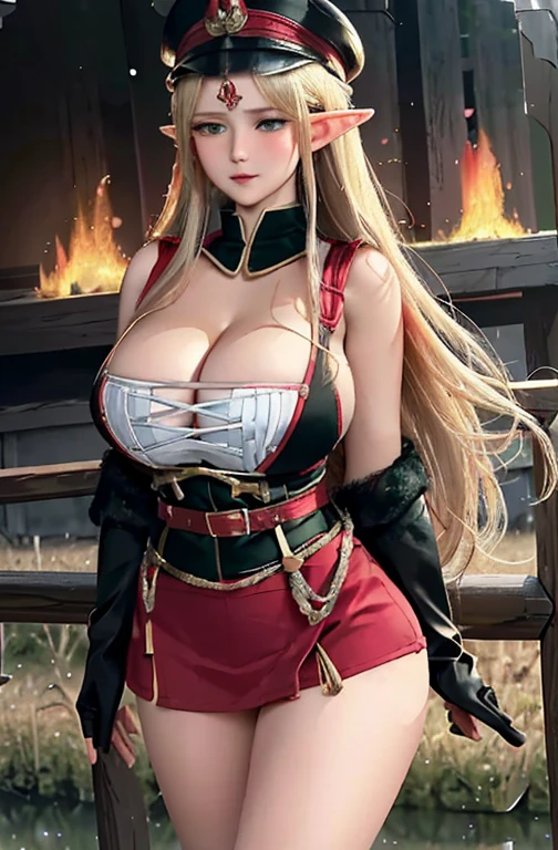 masterpiece, best quality, 8K, Delicate skin texture, Practical, Detailed fabric texture, Beautiful detail face, Intricate details, Solitary, 1 cute girl, Elf, Super detailed, Detailed hair, Long blond hair, Qi bangs, blush, Not smiling, (open eyes: 1.3, Green Eyes), (Eye Reflection: 1.6), (Smooth, Skin reflects light), (Slim, Fire Emblem Theme, Black and Red Garregmaq Monastery, Black and red military cap, Saluting action, updraft), (Large (D))((Full and soft breastsLarge Breasts))) (((e))), thigh, E gorgeous, Fire Emblem Style, Battlefield Background, Depth of Field, Side view