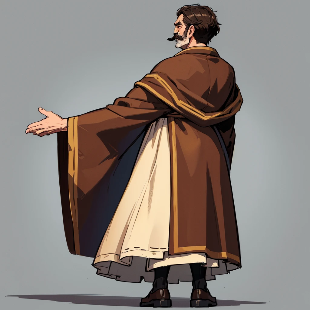 (Full body character concept、detailed)、((((Solo))))、highest quality, Best Quality,Best illustrationiddle ages、(((Simple brown robe)))、(40-year-old uncle、Kaiser moustache)、(From the back、Back view)