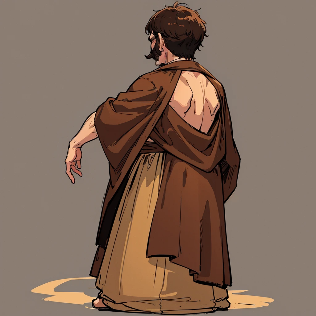 (Full body character concept、detailed)、((((Solo))))、highest quality, Best Quality,Best illustrationiddle ages、(((Simple brown robe)))、(40-year-old uncle、Kaiser moustache)、(From the back、Back view)