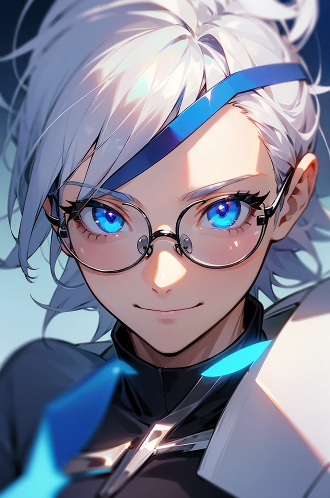 (Male , eye glasses,blue eyess，A smile, silber hair)、The upper part of the body
