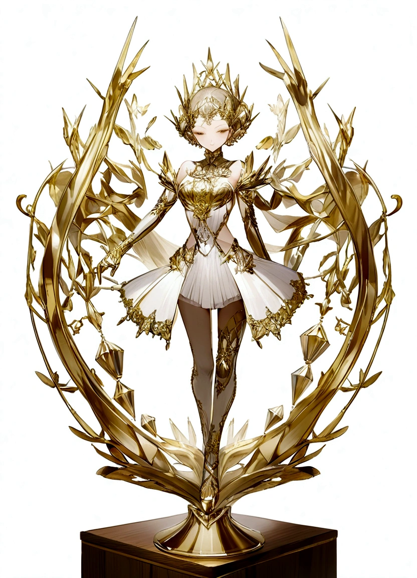 A creative and futuristic dance trophy;A crystal trophy made of a pair of crystal ballet shoes,Walnut wooden square base,Simple and elegant;There is a gold metal nameplate on the base;Dance shoes staggered rise,Ribbon embellishment。White background。Front view。