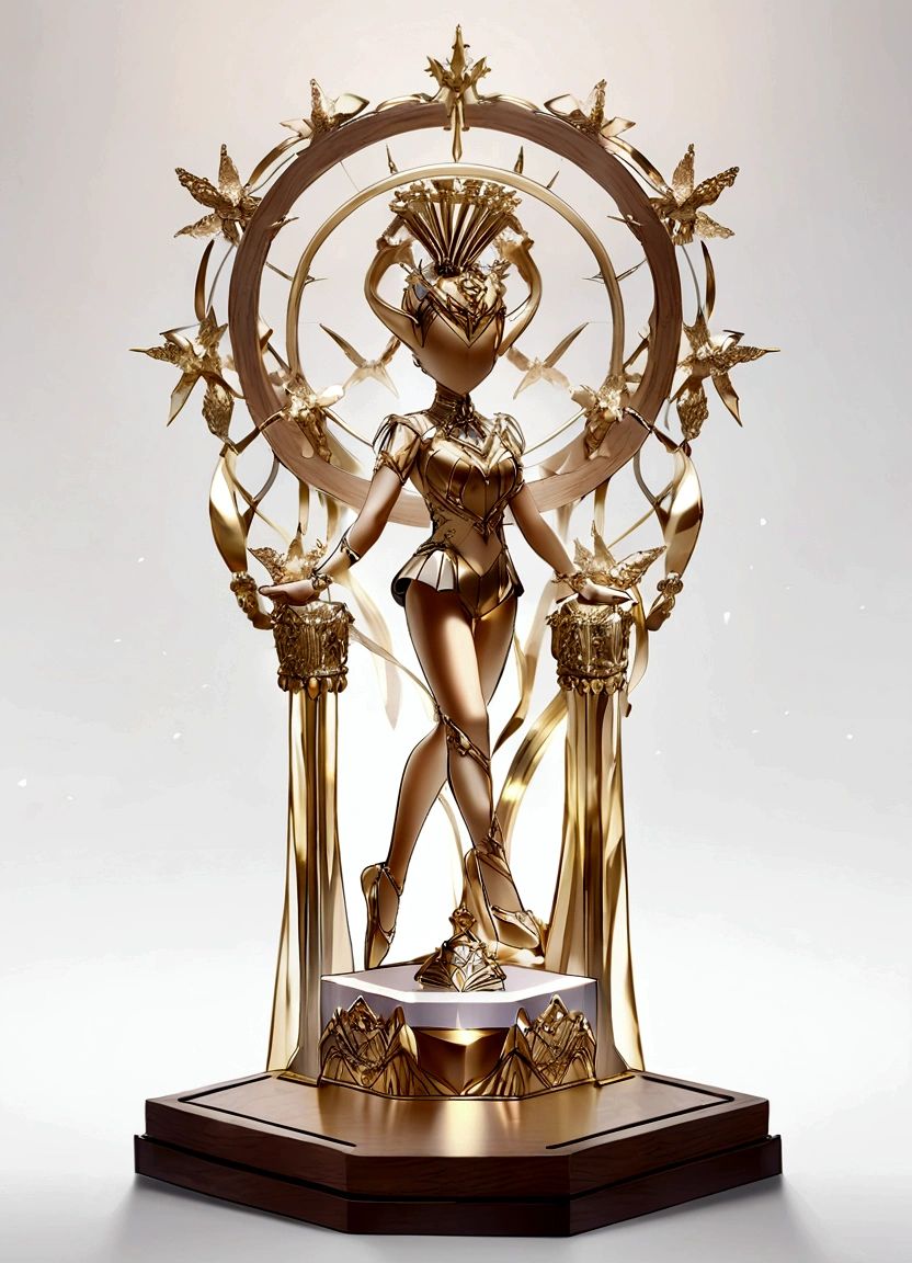 A creative and futuristic dance trophy;A crystal trophy made of a pair of crystal ballet shoes,Walnut wooden square base,Simple and elegant;There is a gold metal nameplate on the base;Dance shoes staggered rise,Ribbon embellishment。White background。Front view。